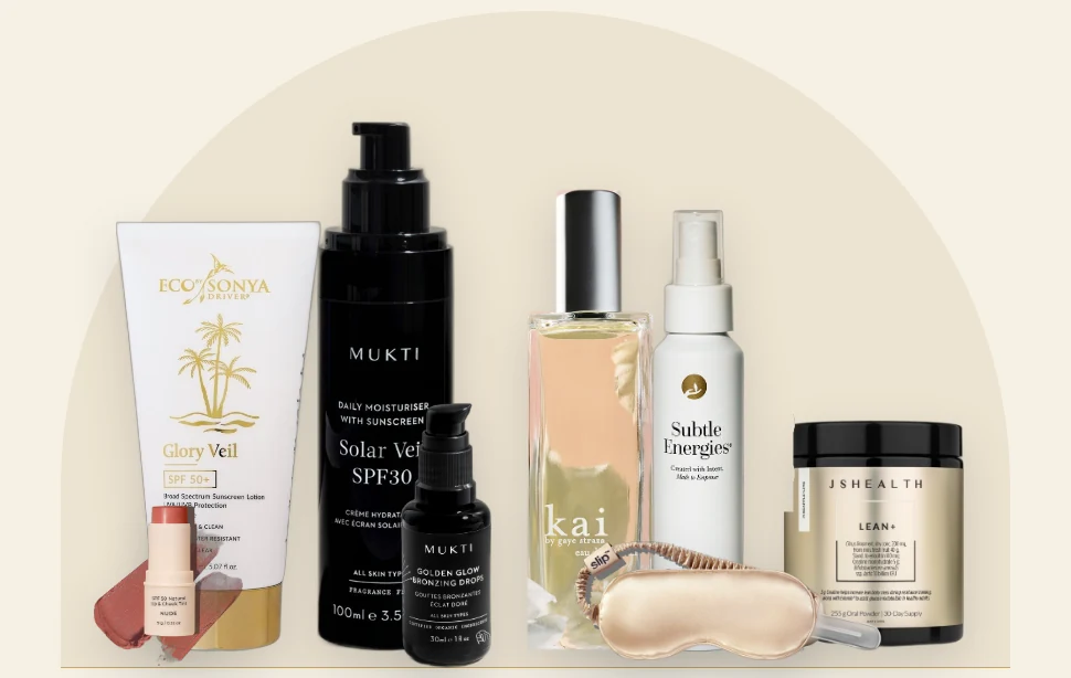 The Summer Edit still life of low tox skincare, fragrance and supplements