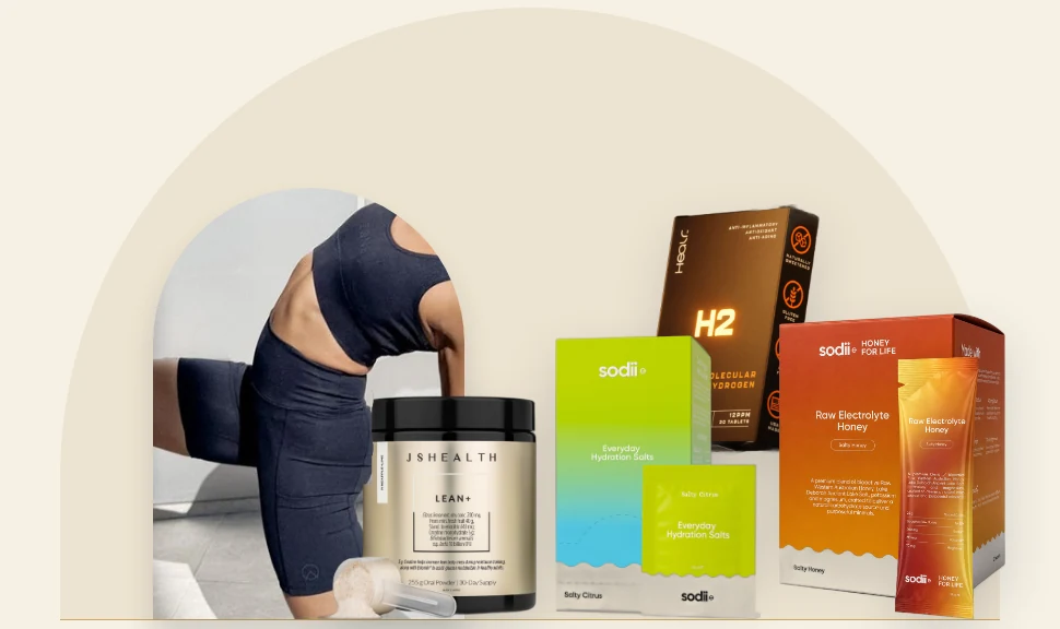 Movement and hydration still life: Zone by Lydia hemp bike shorts, Sodii salts, Healr tablets and JSHealth Lean+