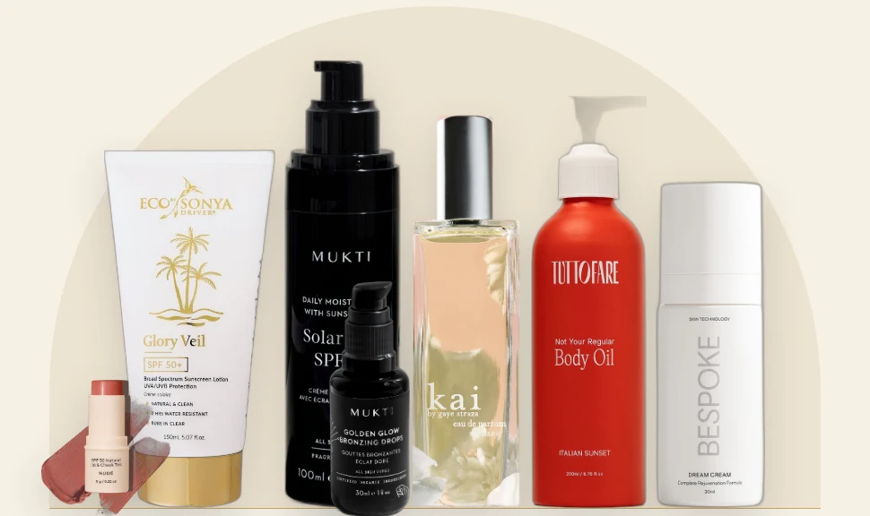 Skin care still life: Eco by Sonya Glory Veil, Mukti Solar Veil, Kai Rose, Tuttofare body oil and Bespoke Dream Cream