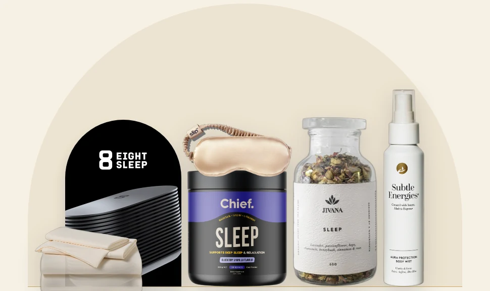 Sleep still life: Eight Sleep Pod, Rest cooling sheets, Chief Sleep, Jivana sleep tea and Slip silk mask