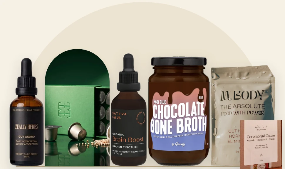 Inner health still life: Zeally Gut Guard, TMRW pods, Sattva Soul elixir, Gevity bone broth and Wild Craft cacao